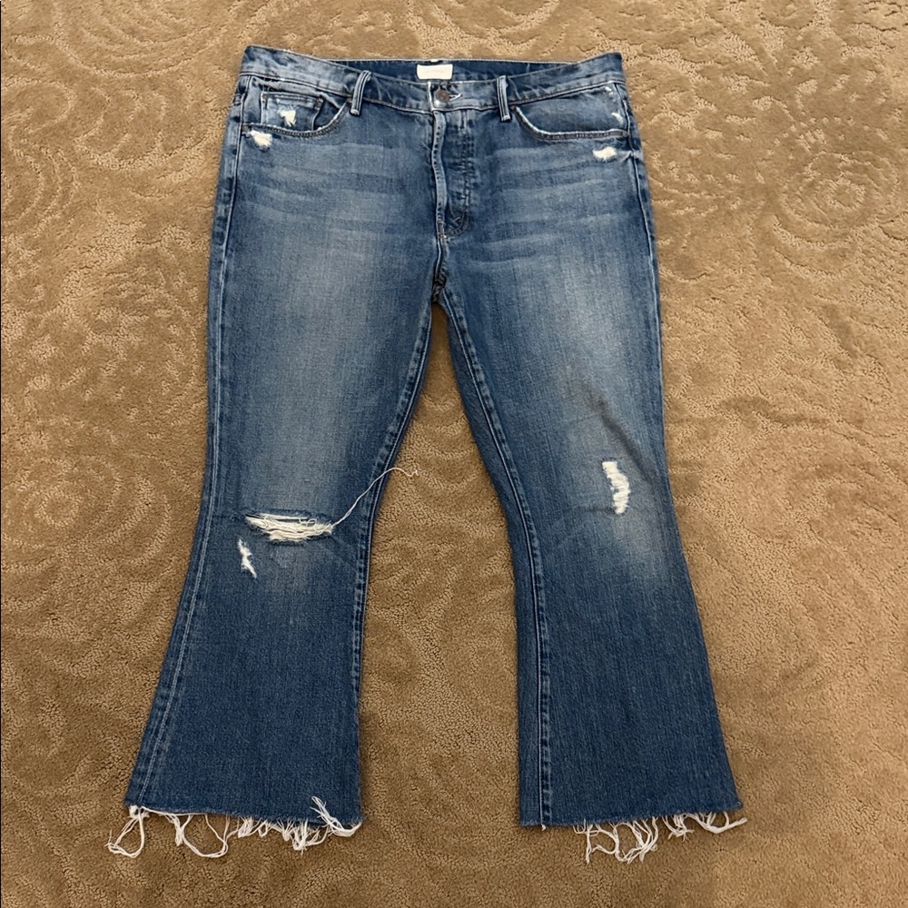 MOTHER Distressed Flare Jeans in Blue